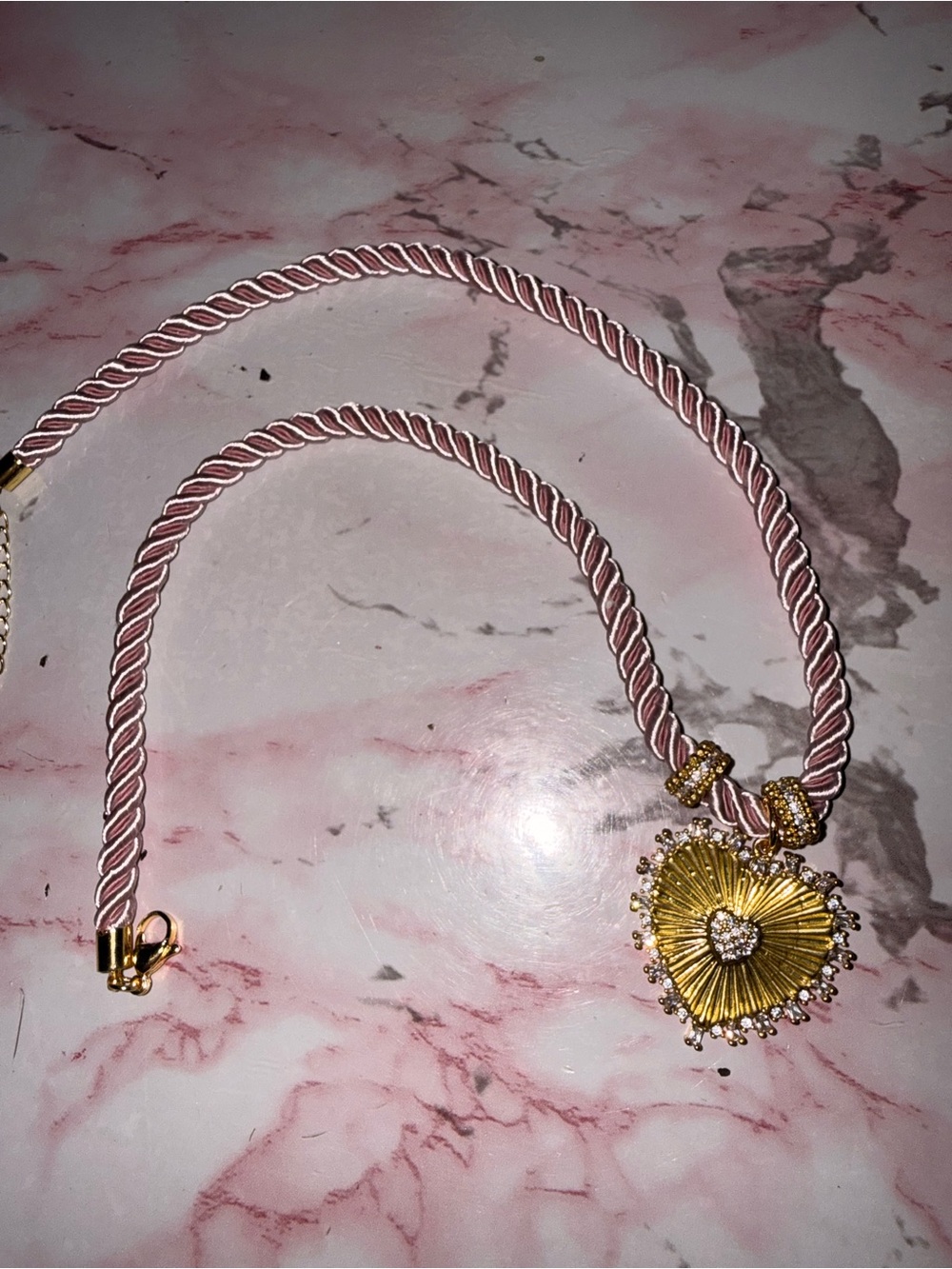 Gold Heart Pendant Necklace with Pink Rope Chain